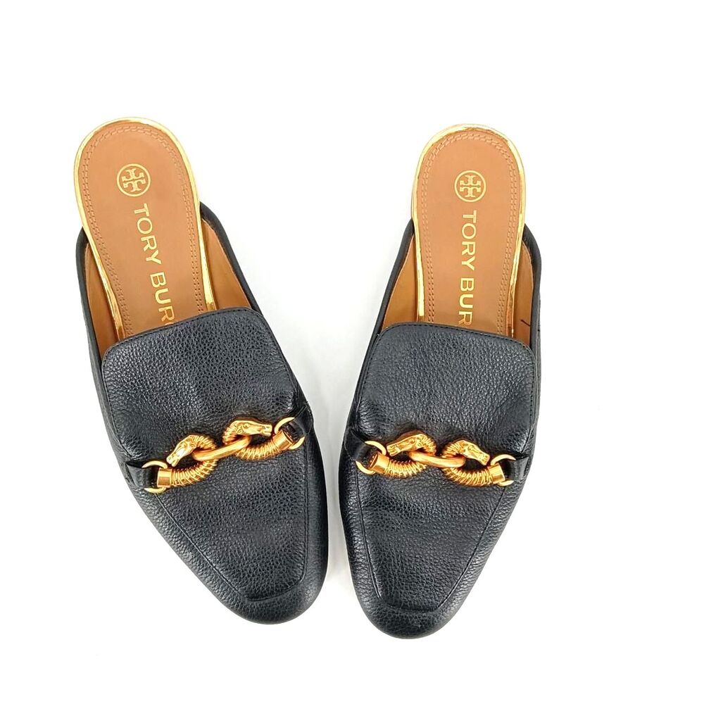 Tory Burch Jessa Backless Loafer Mules Black Leather Gold Horsebit Size 8